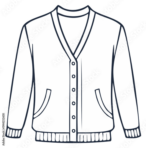 Outline illustration of a cardigan with v neck and pockets for drawing or coloring