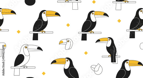 Colorful toucan birds with big beaks.