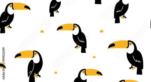 Toucan birds with large beaks standing.
