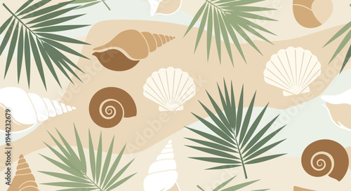 Palm leaves and seashells on sand.
