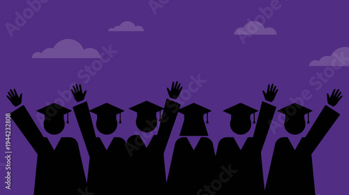 Crowd of students celebrating graduation by raising hands and tossing caps in the air, symbolizing academic achievement and university success.