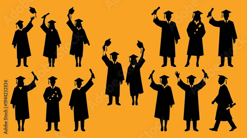 Students celebrating their graduation with raised hands and flying caps, symbolizing education success, university completion, and academic milestone.