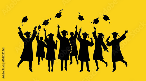 Silhouette of students celebrating graduation by throwing mortarboard caps in the air, representing university success and academic achievement.