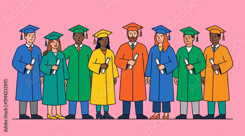 Illustration of multicultural students wearing graduation gowns celebrating academic success and university graduation ceremony.