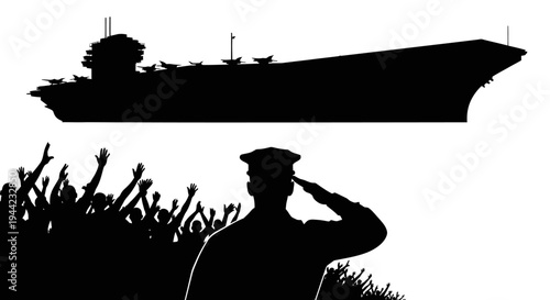 Silhouette of Aircraft Carrier and Saluting Soldier with Crowd Cheering