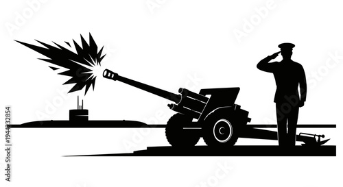 Silhouette of a soldier saluting a firing artillery cannon and a submarine
