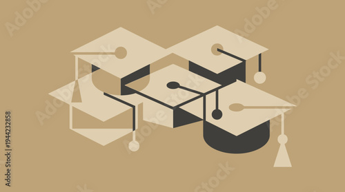 Minimalist geometric vector art of overlapping mortarboard silhouettes, representing academic achievement, graduation, and the pursuit of higher education