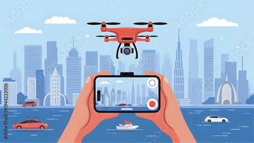 Red drone flying over city skyline viewed through smartphone screen, quadcopter aerial technology