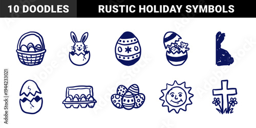 Hand-drawn Easter holiday elements with naive marker sketch aesthetic. Rustic doodle illustrations featuring bunny, decorated eggs, and basket symbols.