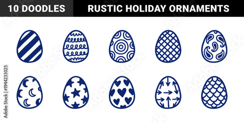 Hand-drawn Easter egg ornaments with naive doodle patterns for festive spring branding. Rustic blue ink sketch illustrations featuring diverse geometric and organic motifs.