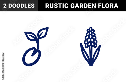 Hand-drawn botanical garden elements featuring hyacinth flower and sprouting seed. Rustic naive marker sketch for organic brand identity.