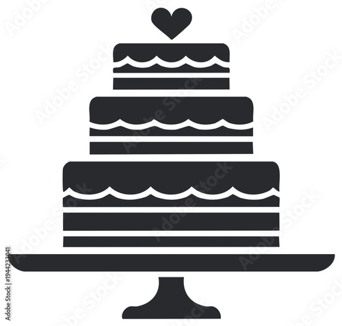 Elegant three tier wedding cake with heart topper on a cake stand silhouette