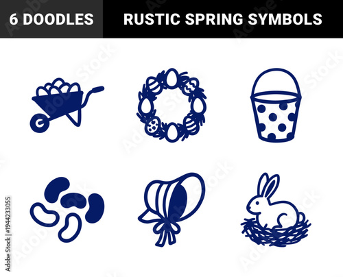 Hand-drawn Easter holiday elements for organic spring branding. Rustic naive marker sketch illustrations featuring festive seasonal celebration concepts.