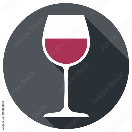 Vector illustration of a red wine glass icon in flat design style with long shadow