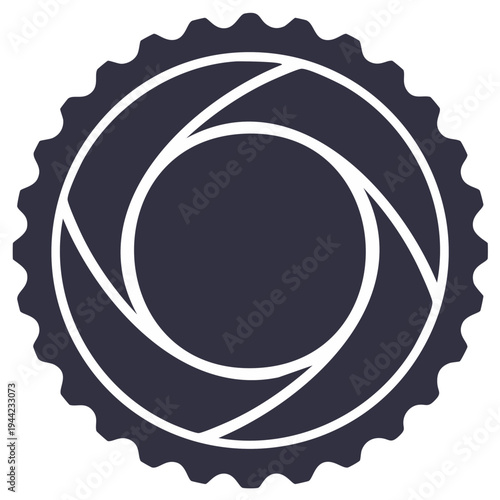 Stylized camera aperture icon or symbol with abstract overlapping blades forming a circular shape