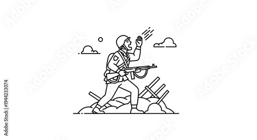 Soldier throwing grenade, war, combat, military, illustration, line art, battle, action