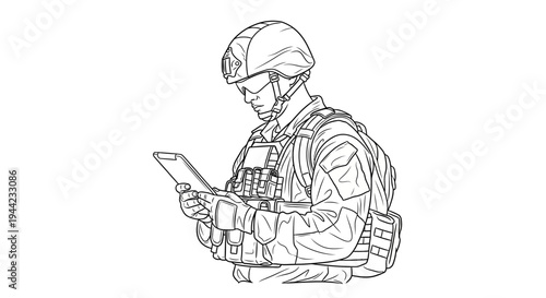 Soldier using tablet computer in tactical gear, modern warfare technology, digital communication, military operations