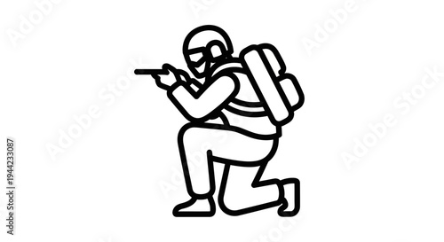 Soldier with Backpack Aiming Rifle, Kneeling Pose, Military Action Icon