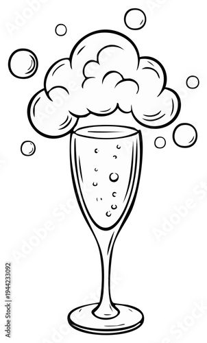 Champagne glass with foam and bubbles illustration