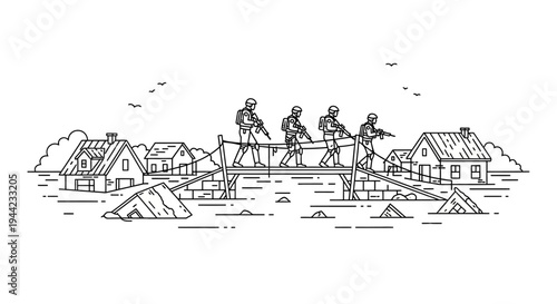 Soldiers crossing flooded town on makeshift bridge, disaster relief, military operation
