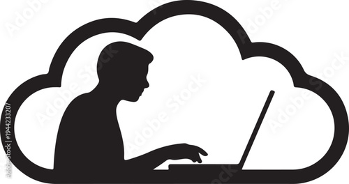 Silhouette of person working on laptop inside cloud icon