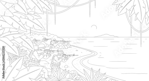 Soldiers in jungle ambush, advancing along a tropical coastline road