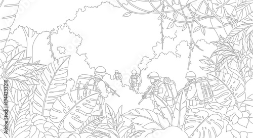 Soldiers in jungle, military operation, combat, jungle warfare, army, troops, patrol, jungle expedition