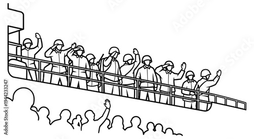 Soldiers waving goodbye from ship deck to cheering crowd, farewell, departure, military, navy, transport