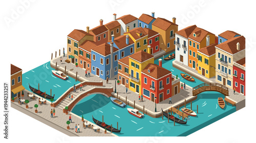 Isometric illustration of Venice, Italy, featuring colorful buildings, canals, gondolas, bridges, and walking people, perfect for travel and architecture concepts.