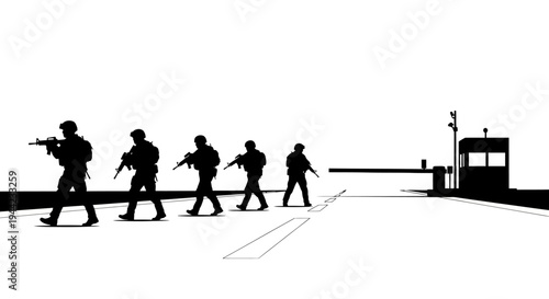 Soldiers Patrol Border Crossing Security Checkpoint with Barrier and Guard Booth