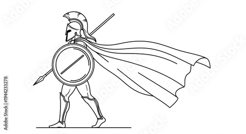 Spartan Warrior Silhouette with Shield and Spear, Ancient Greek Soldier