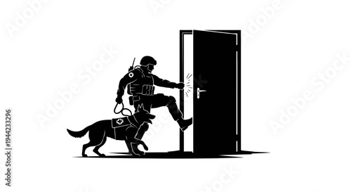 Special Forces Soldier and Dog Breach Door for Tactical Operation
