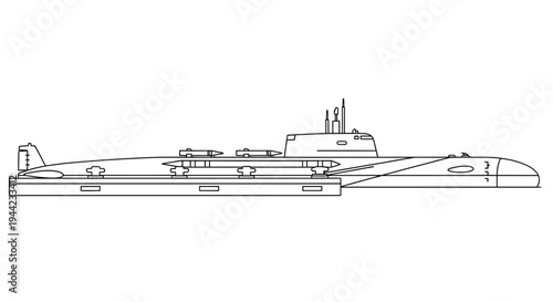 Submarine with missiles, blueprint style drawing, military technology, naval warfare