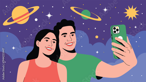 A couple taking a selfie with planets and stars in a purple sky background, taking a smartphone