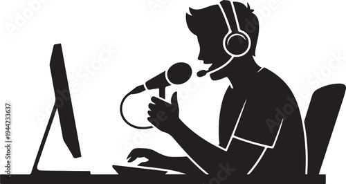 Streamer with Microphone and Headphones at Computer