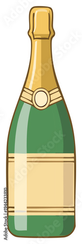 Classic green champagne bottle with gold foil cartoon vector icon for celebrations