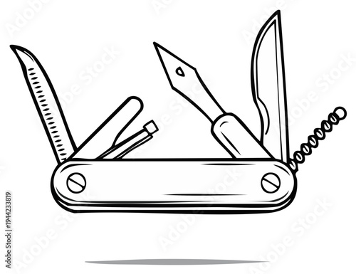 Versatile multi tool gadget open with knife and other accessories illustration