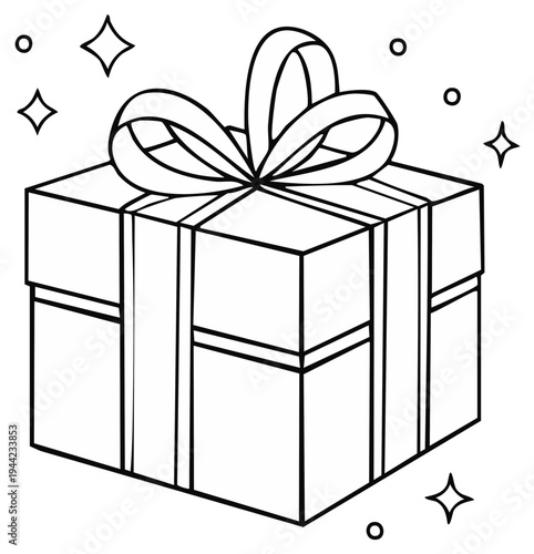 Simple Line Drawing of a Gift Box Tied with a Bow and Sparkling Stars