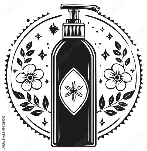 Black and white illustration of a lotion bottle with floral design, vintage style