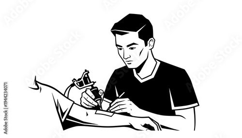 Tattoo artist creating a design on a person's arm with a machine