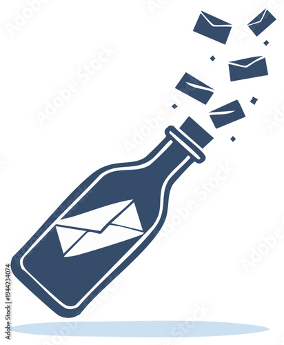Envelopes flying from a stylized bottle icon, symbolizing message sending, communication, and information.
