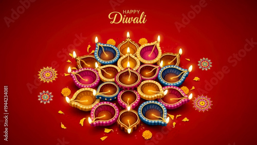 Happy Diwali greeting card with decorative clay diyas and oil lamps  on red background  conveying festive warmth, celebration, light, and cultural tradition.