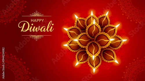 Happy Diwali greeting card with decorative clay diyas and oil lamps  on red background  conveying festive warmth, celebration, light, and cultural tradition.