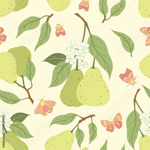 Pear Fruit Seamless Pattern Vector with Flowers and Butterflies