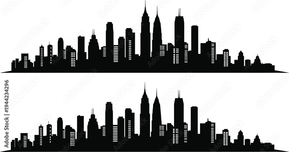 Obraz premium Modern city skyline silhouette, urban skyscraper panorama, metropolitan downtown horizon, black building outline, architecture landscape, vector cityscape illustration, minimal design