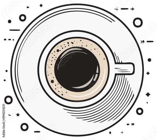 Overhead view of coffee cup with saucer