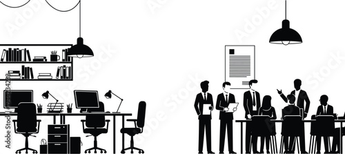 Modern office workspace and business meeting teamwork, corporate employees discussion collaboration, office interior desk computer bookshelf professional workplace illustration