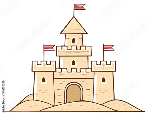 Whimsical Cartoon Sandcastle With Colorful Flags on a Sunny Beach