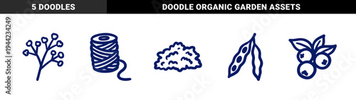 Hand-drawn organic farming and botanical elements for rustic brand identity. Naive marker sketch illustrations featuring wool, seeds, and berries.