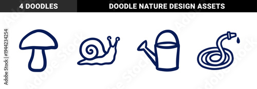 Hand-drawn garden and backyard nature elements for organic brand identity. Rustic, naive marker sketch of mushroom, snail, hose, and watering can.
